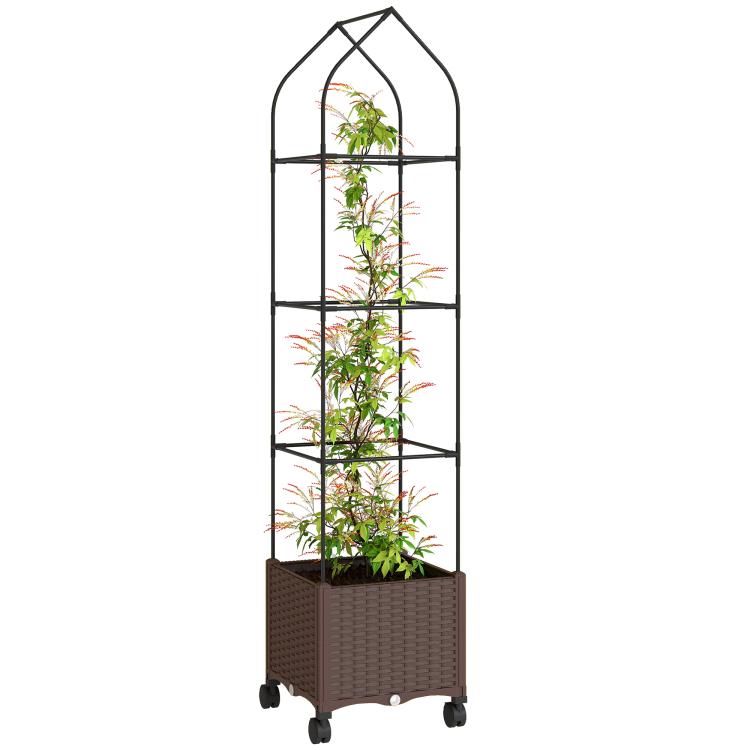 Raised Garden Bed with Trellis, Tomato Cage with Lockable Wheels, Self Watering Planter Box with Drainage Holes, Brown