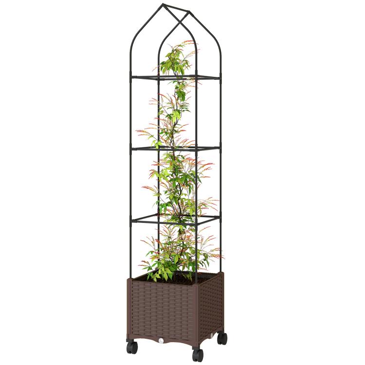 Raised Garden Bed with Trellis, Tomato Cage with Lockable Wheels, Self Watering Planter Box with Drainage Holes, Brown