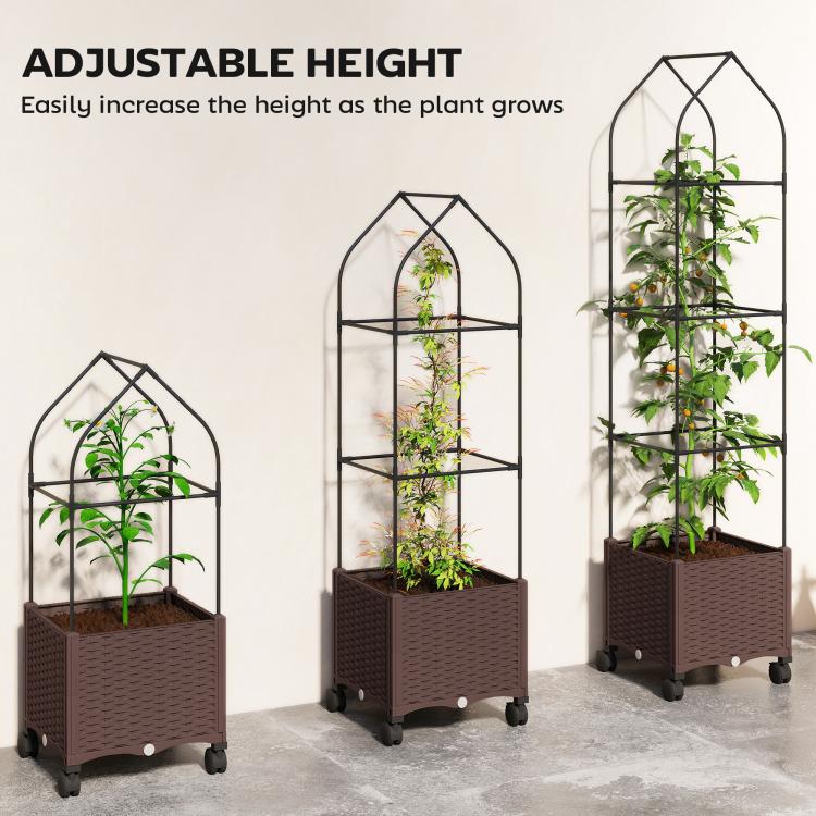Raised Garden Bed with Trellis, Tomato Cage with Lockable Wheels, Self Watering Planter Box with Drainage Holes, Brown
