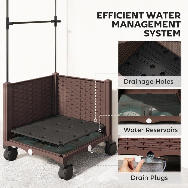 Raised Garden Bed with Trellis, Tomato Cage with Lockable Wheels, Self Watering Planter Box with Drainage Holes, Brown