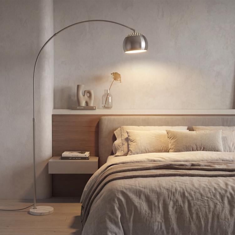Arc Floor Lamp for Living Room, Modern Adjustable Standing Lamp with Faux Black Marble Base Silver Tone