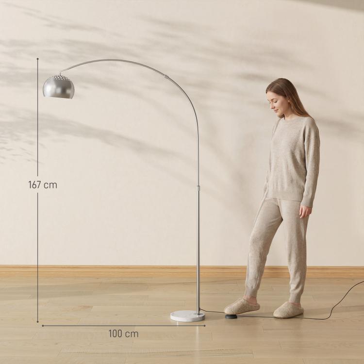 Arc Floor Lamp for Living Room, Modern Adjustable Standing Lamp with Faux Black Marble Base Silver Tone