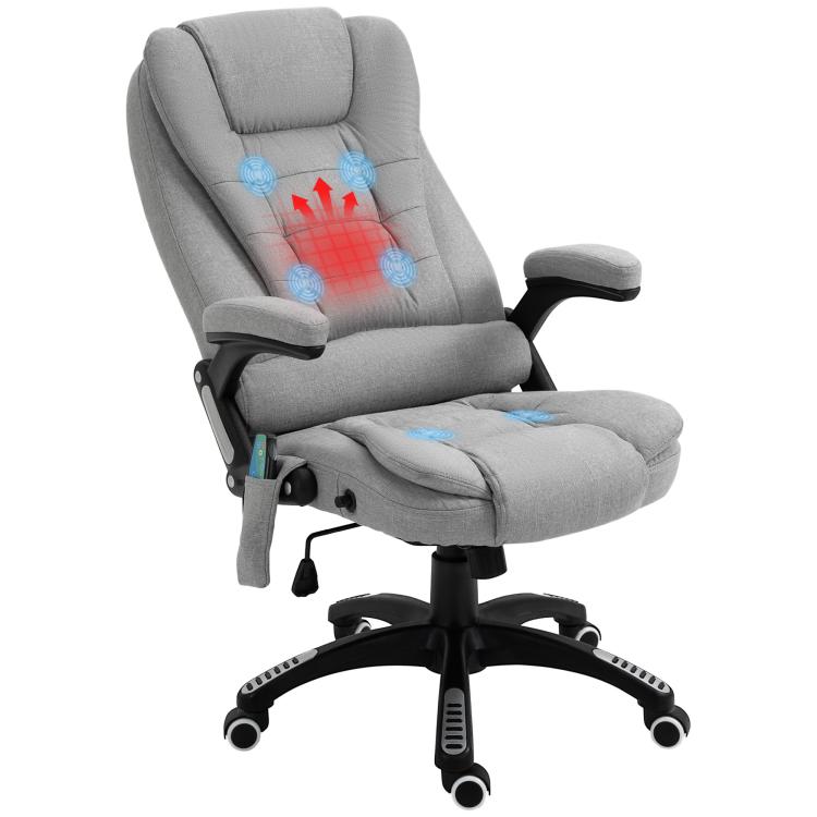 Massage Office Chair with Lumbar Heating, Linen Fabric Executive Computer Desk Chair with High and Reclining Back, Tilt Function, Adjustable Height, Padded Armrests, Light Grey