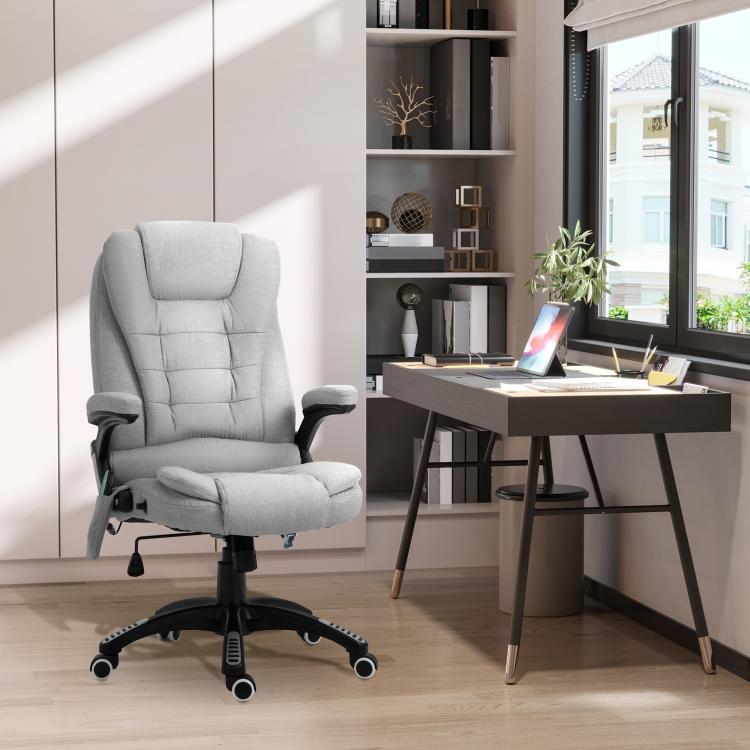 Massage Office Chair with Lumbar Heating, Linen Fabric Executive Computer Desk Chair with High and Reclining Back, Tilt Function, Adjustable Height, Padded Armrests, Light Grey