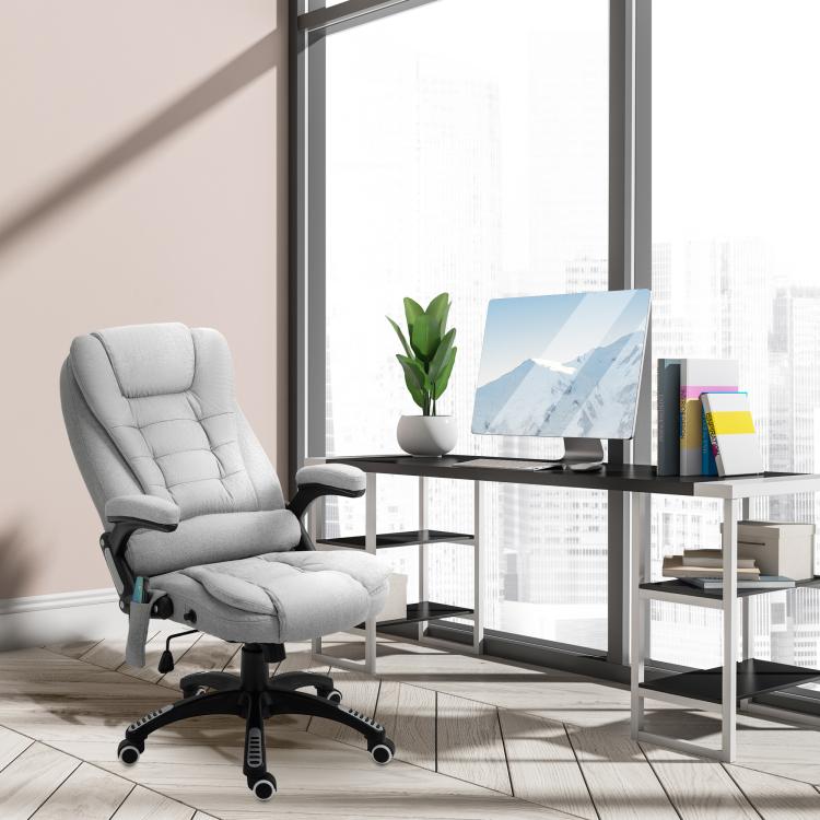 Massage Office Chair with Lumbar Heating, Linen Fabric Executive Computer Desk Chair with High and Reclining Back, Tilt Function, Adjustable Height, Padded Armrests, Light Grey