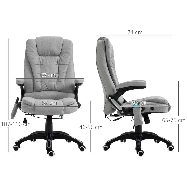 Massage Office Chair with Lumbar Heating, Linen Fabric Executive Computer Desk Chair with High and Reclining Back, Tilt Function, Adjustable Height, Padded Armrests, Light Grey