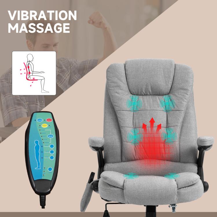 Massage Office Chair with Lumbar Heating, Linen Fabric Executive Computer Desk Chair with High and Reclining Back, Tilt Function, Adjustable Height, Padded Armrests, Light Grey