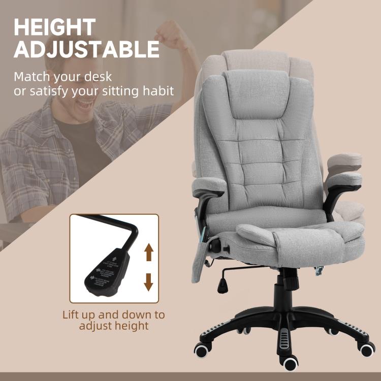 Massage Office Chair with Lumbar Heating, Linen Fabric Executive Computer Desk Chair with High and Reclining Back, Tilt Function, Adjustable Height, Padded Armrests, Light Grey