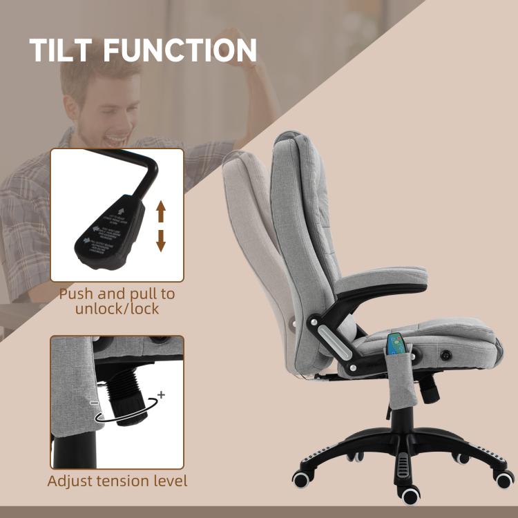 Massage Office Chair with Lumbar Heating, Linen Fabric Executive Computer Desk Chair with High and Reclining Back, Tilt Function, Adjustable Height, Padded Armrests, Light Grey