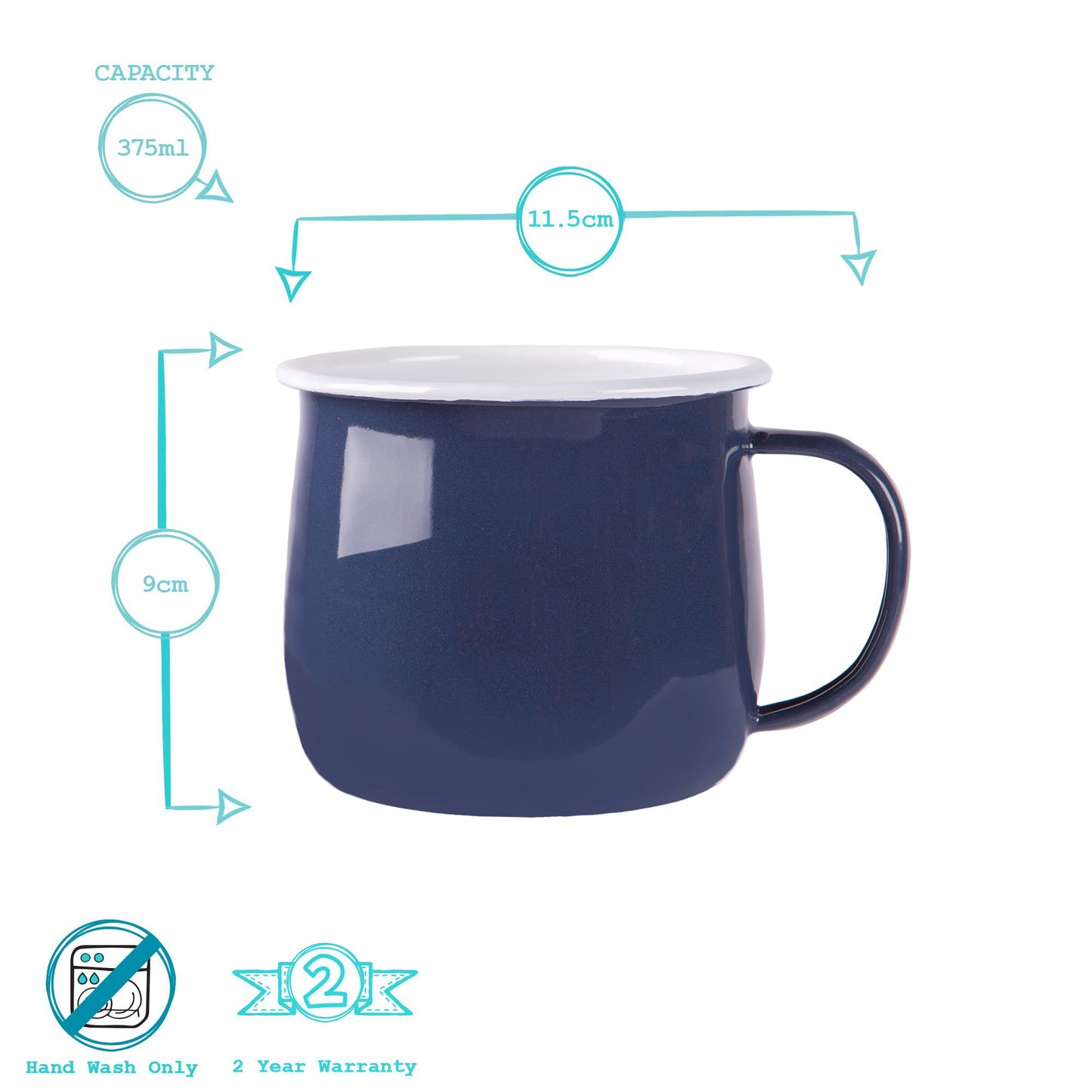 375ml Coloured Enamel Belly Mugs - Pack of Six