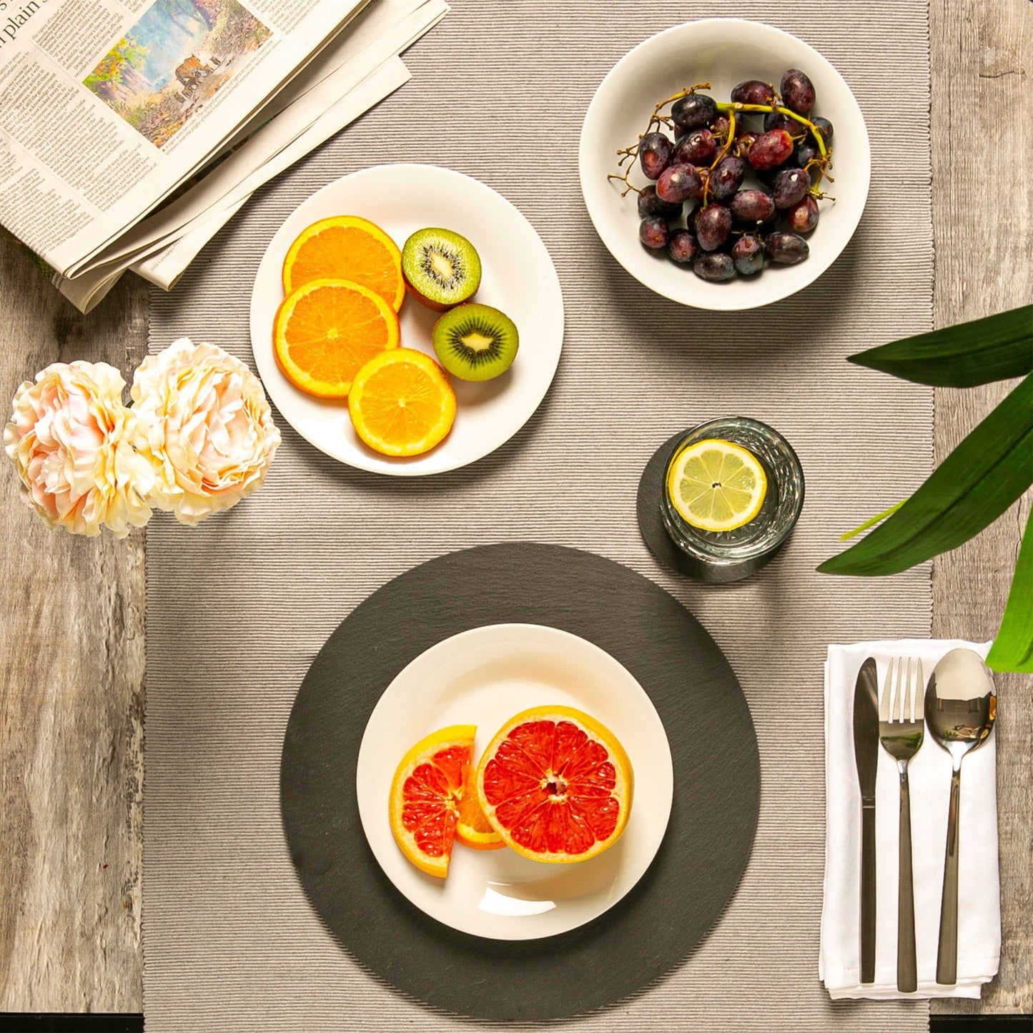 12pc Black Round Linea Slate Placemats & Coasters Set