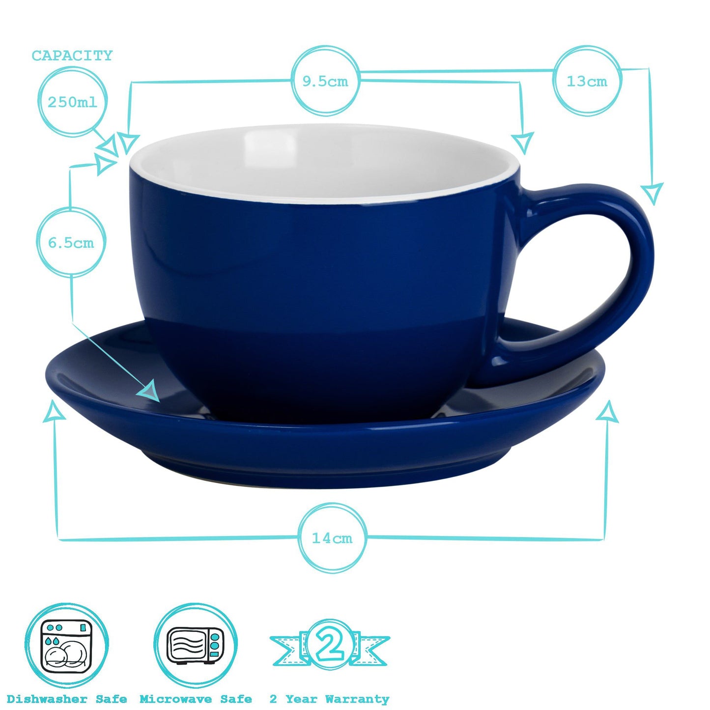 250ml Blue Cappuccino Cups & Saucers - Pack of Six