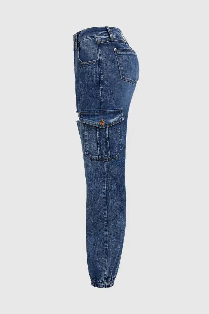 Women's Distressed Stretch Cropped Denim Jeans-Fashionable Elastic Cuff, Multi-Pocket Casual Cargo Pants Sporty Wear Jeans T16