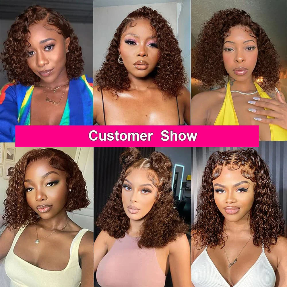Brown kinky Curly Short Bob Wig 13x4 Bob Wigs Brazilian Water Deep Wave Human Hair Wig Preplucked For Woman Short Pixie #4 Color