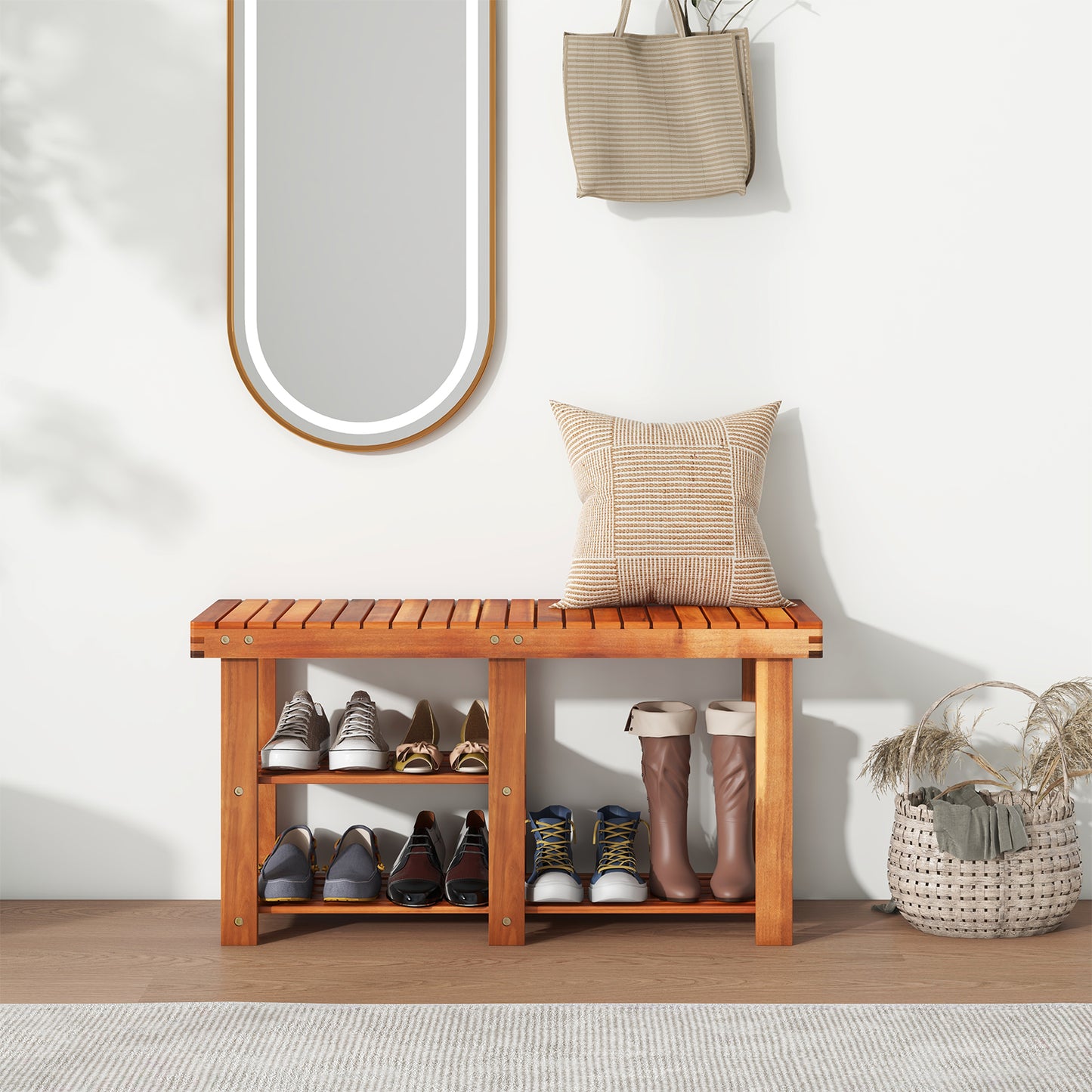 Acacia Wood Shoe Rack Bench 3-Tier Shoe Organizer Storage Shelf-M