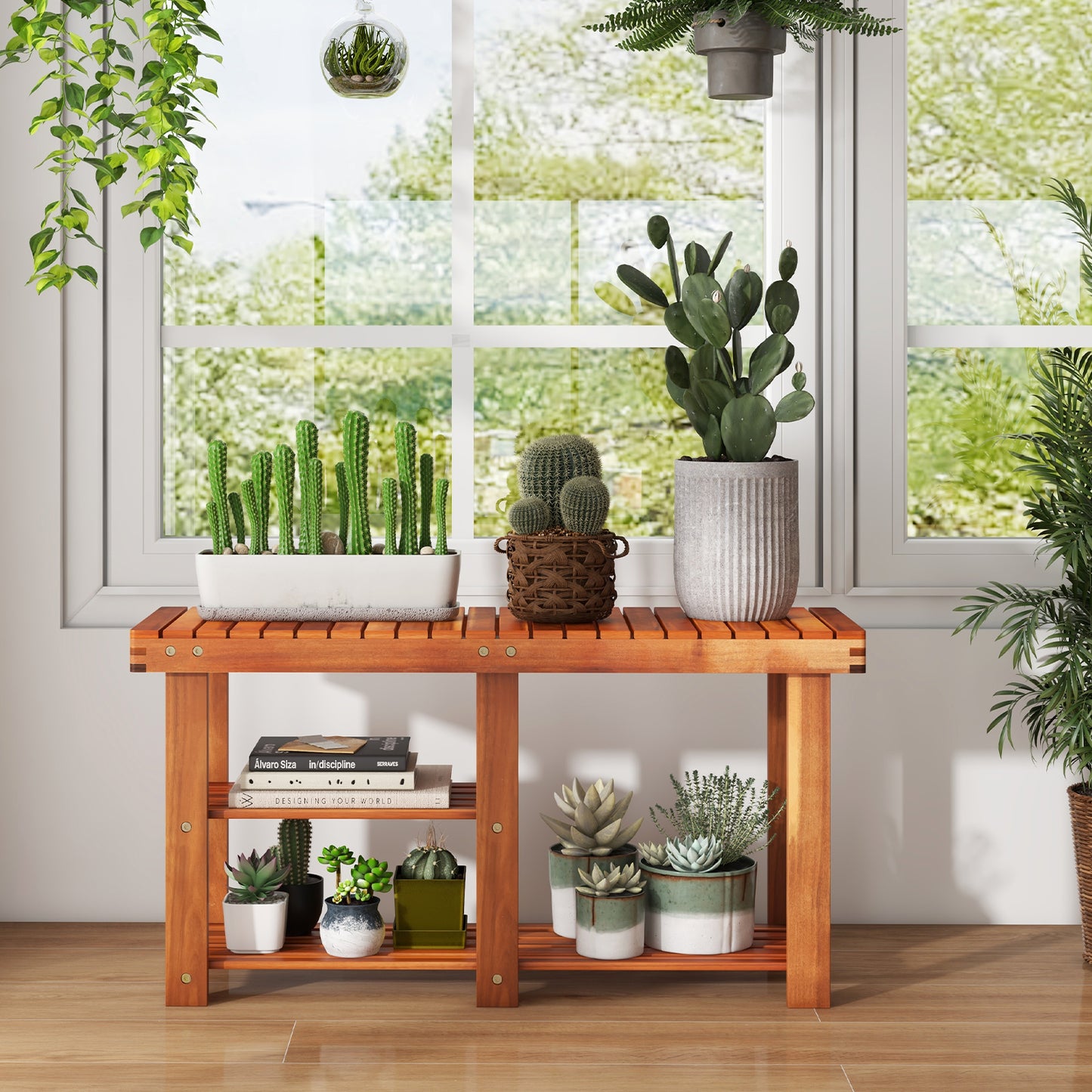 Acacia Wood Shoe Rack Bench 3-Tier Shoe Organizer Storage Shelf-M