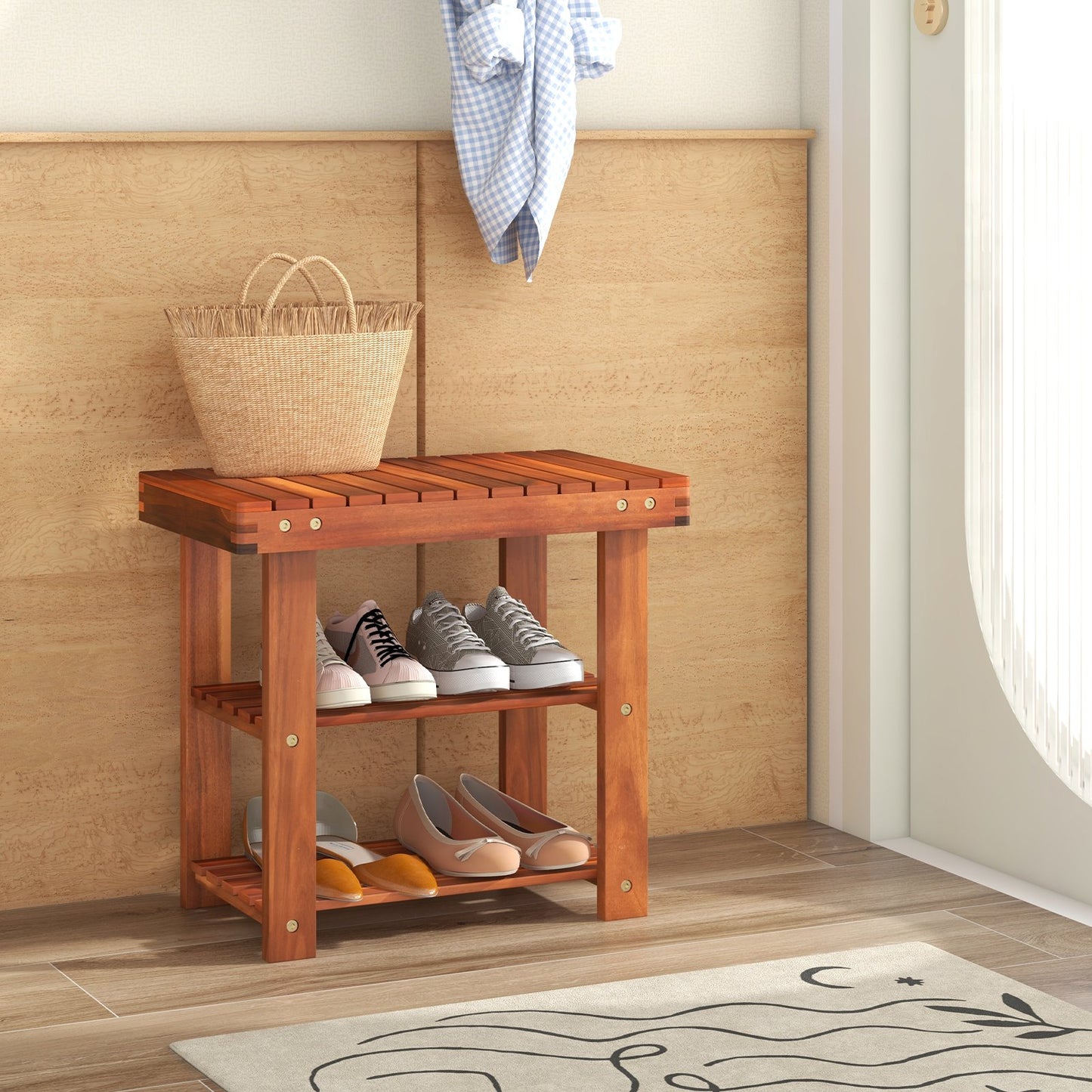 Acacia Wood Shoe Rack Bench 3-Tier Shoe Organizer Storage Shelf-M