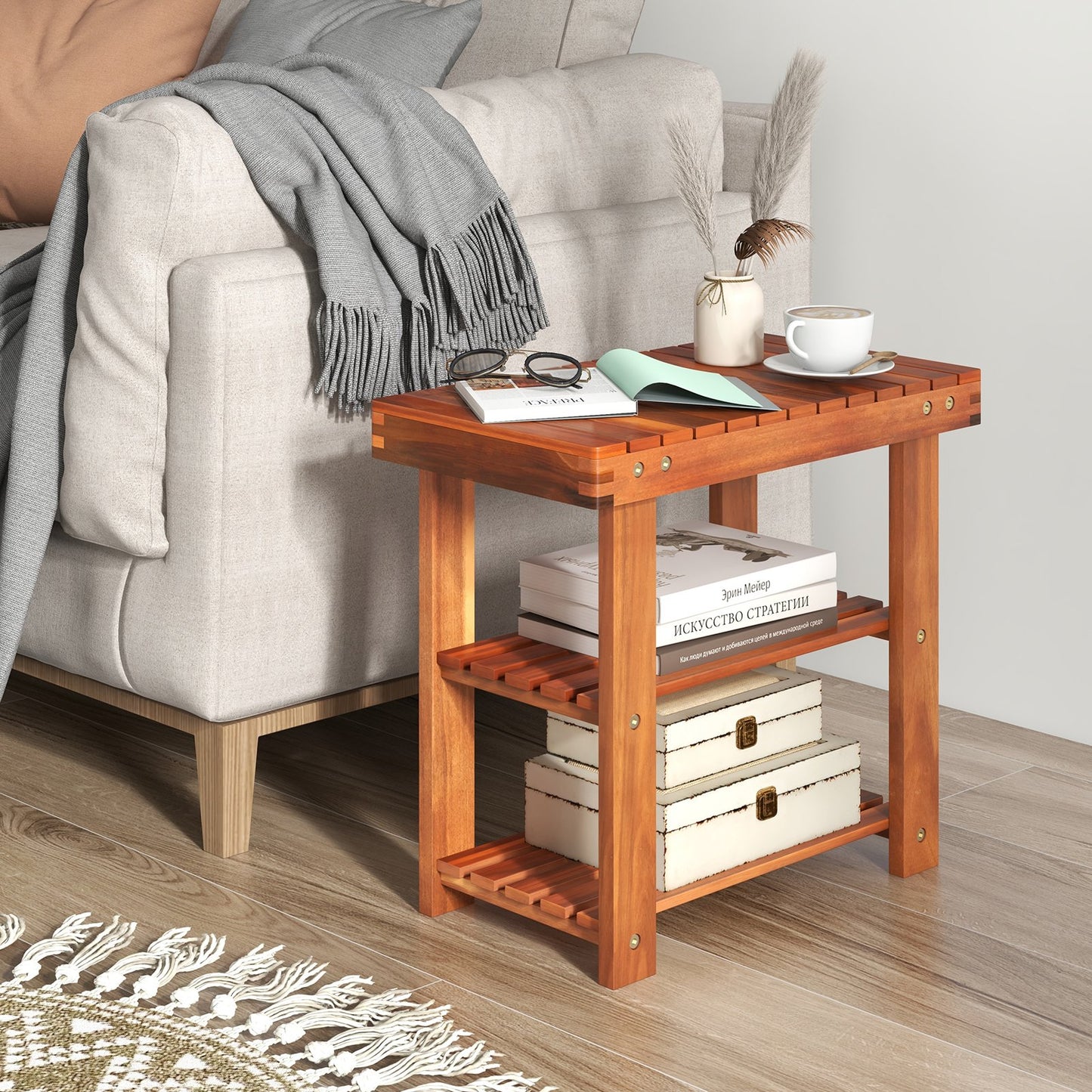 Acacia Wood Shoe Rack Bench 3-Tier Shoe Organizer Storage Shelf-M