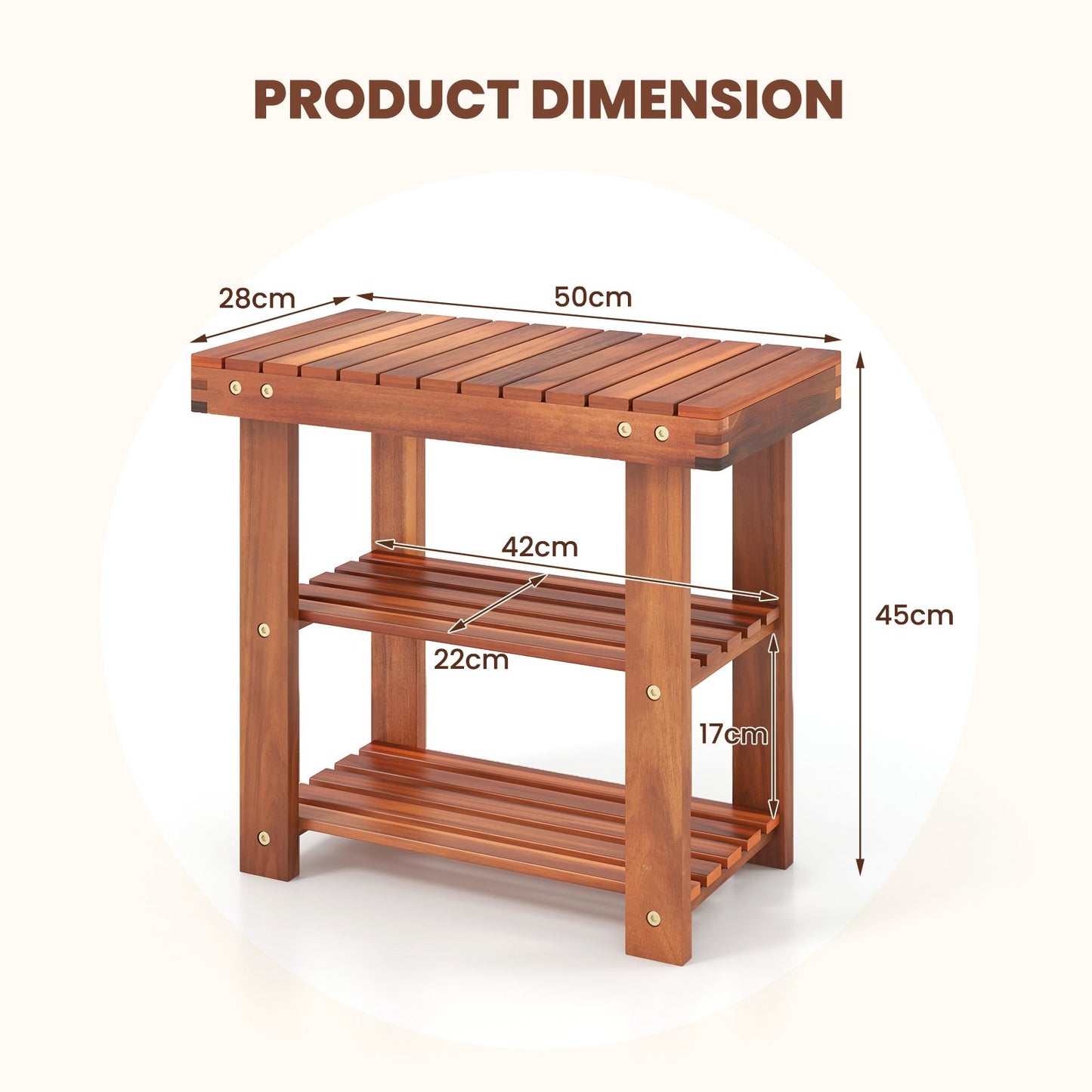 Acacia Wood Shoe Rack Bench 3-Tier Shoe Organizer Storage Shelf-M