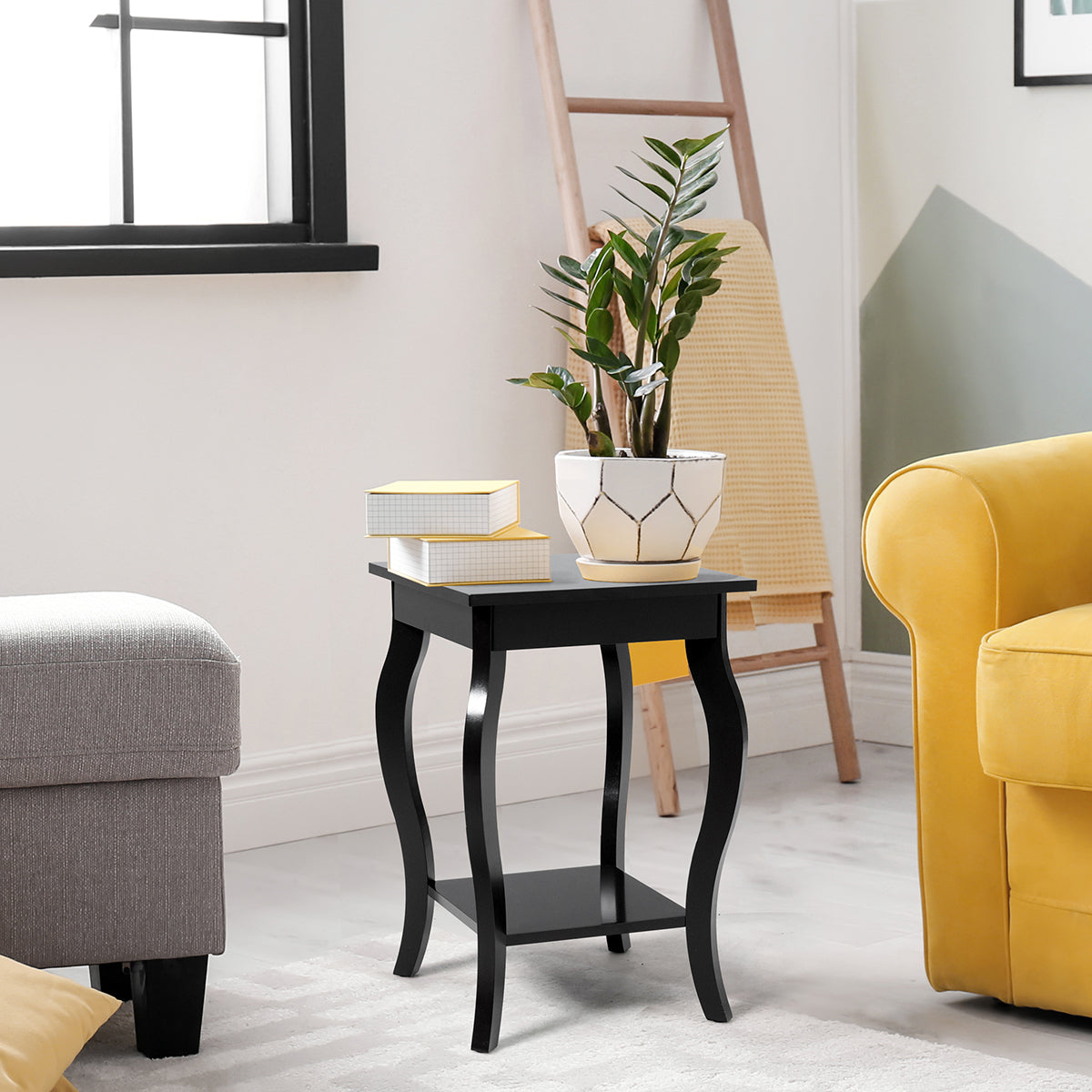 Accent End Table with Elegant Curved Legs and 2-Tier Open Storage Shelves-White