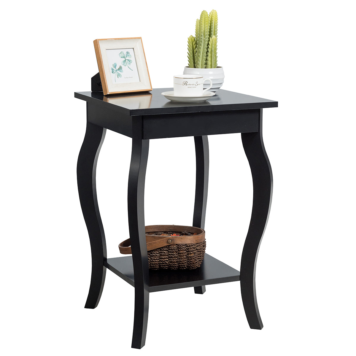 Accent End Table with Elegant Curved Legs and 2-Tier Open Storage Shelves-White