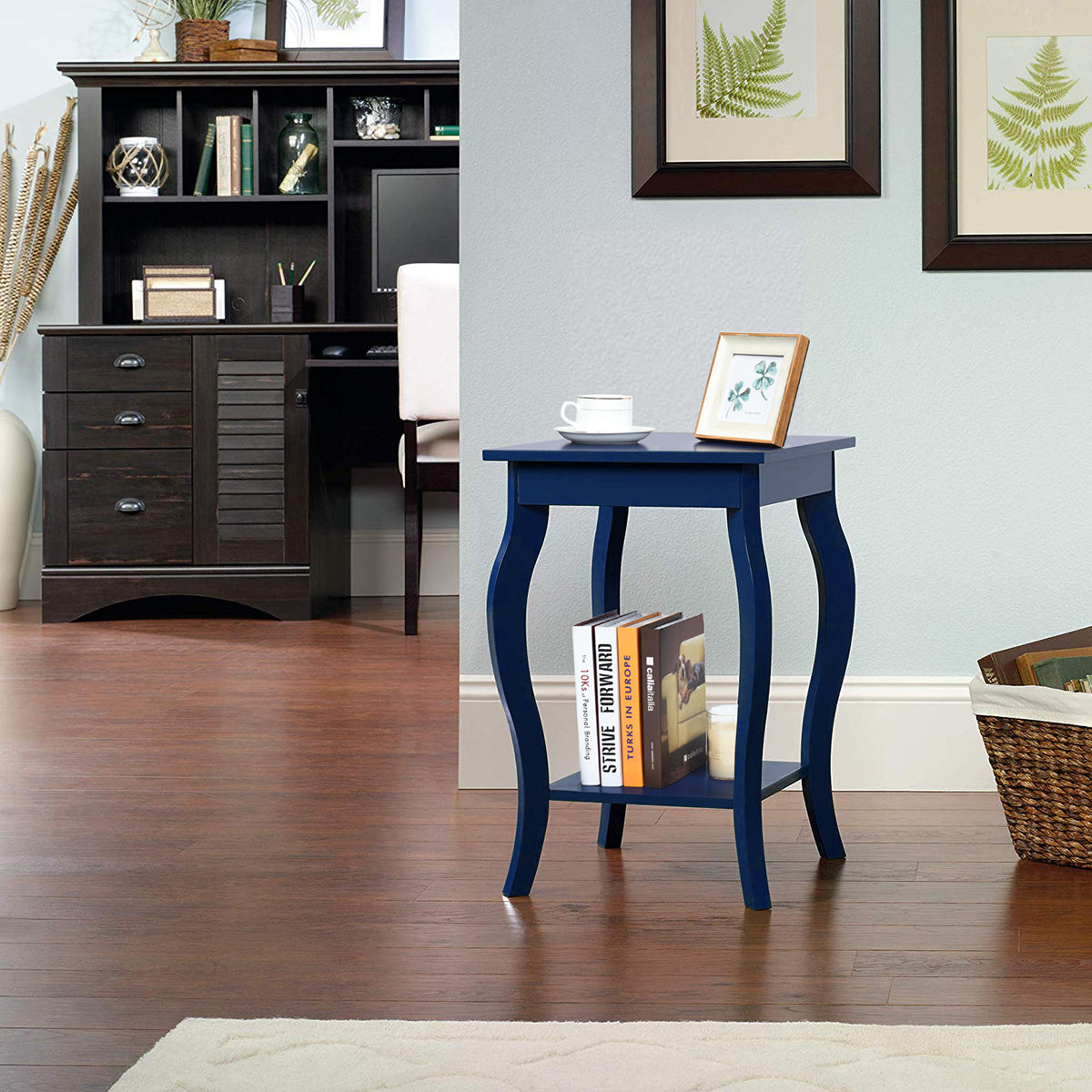 Accent End Table with Elegant Curved Legs and 2-Tier Open Storage Shelves-White