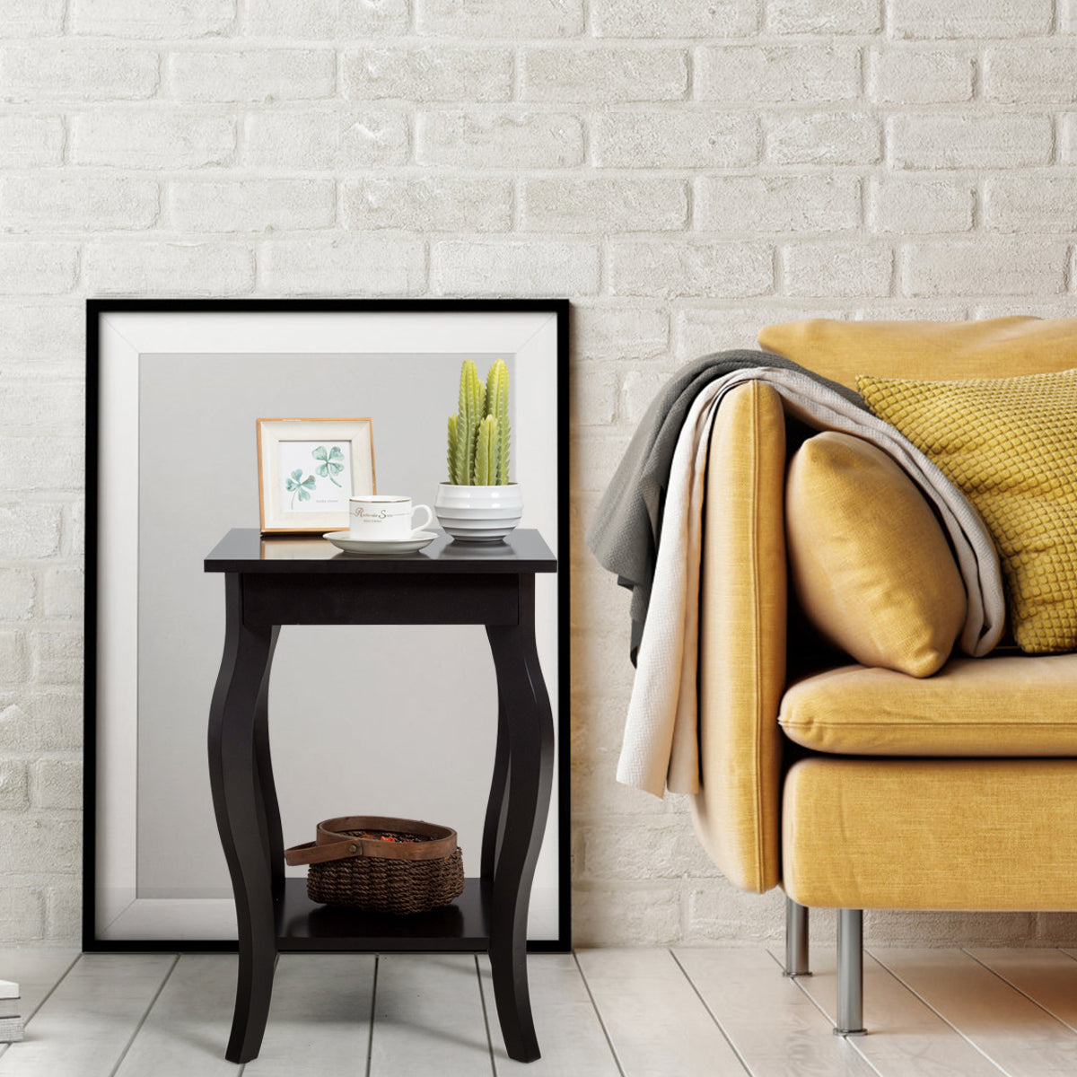 Accent End Table with Elegant Curved Legs and 2-Tier Open Storage Shelves-White