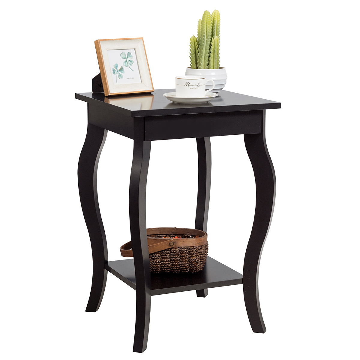 Accent End Table with Elegant Curved Legs and 2-Tier Open Storage Shelves-White