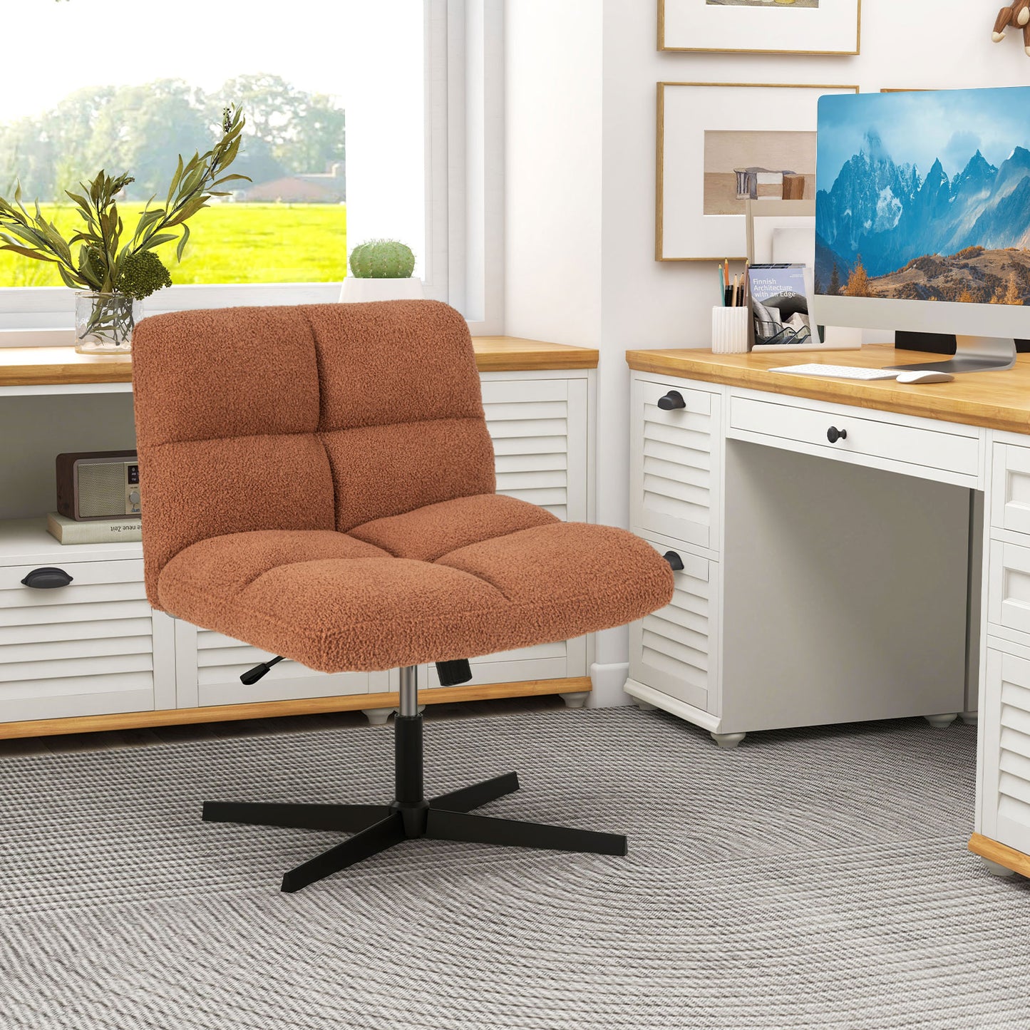 Adjustable Armless Office Chair with Imitation Lamb Fleece-Brown