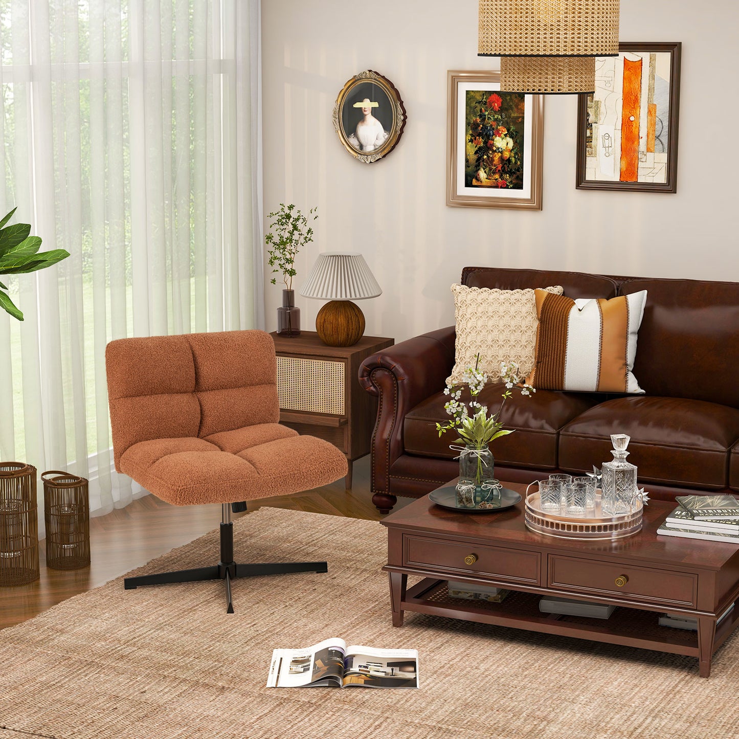 Adjustable Armless Office Chair with Imitation Lamb Fleece-Brown