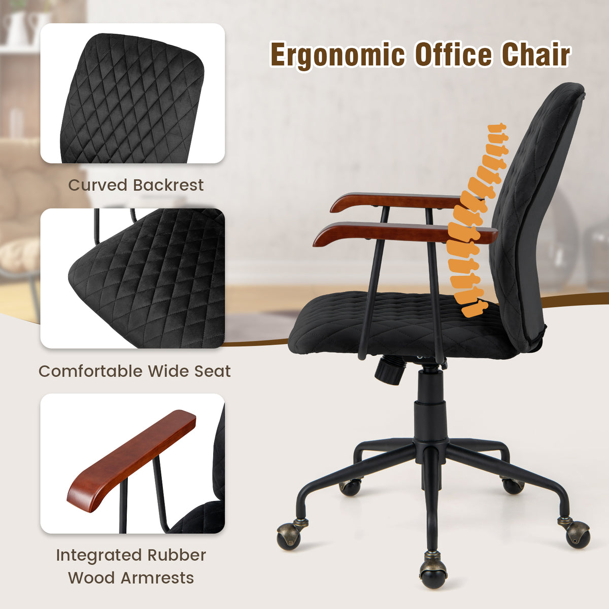 Adjustable Velvet Rocking Leisure Chair with Padded Seat and Rubber Wood Armrests-Orange