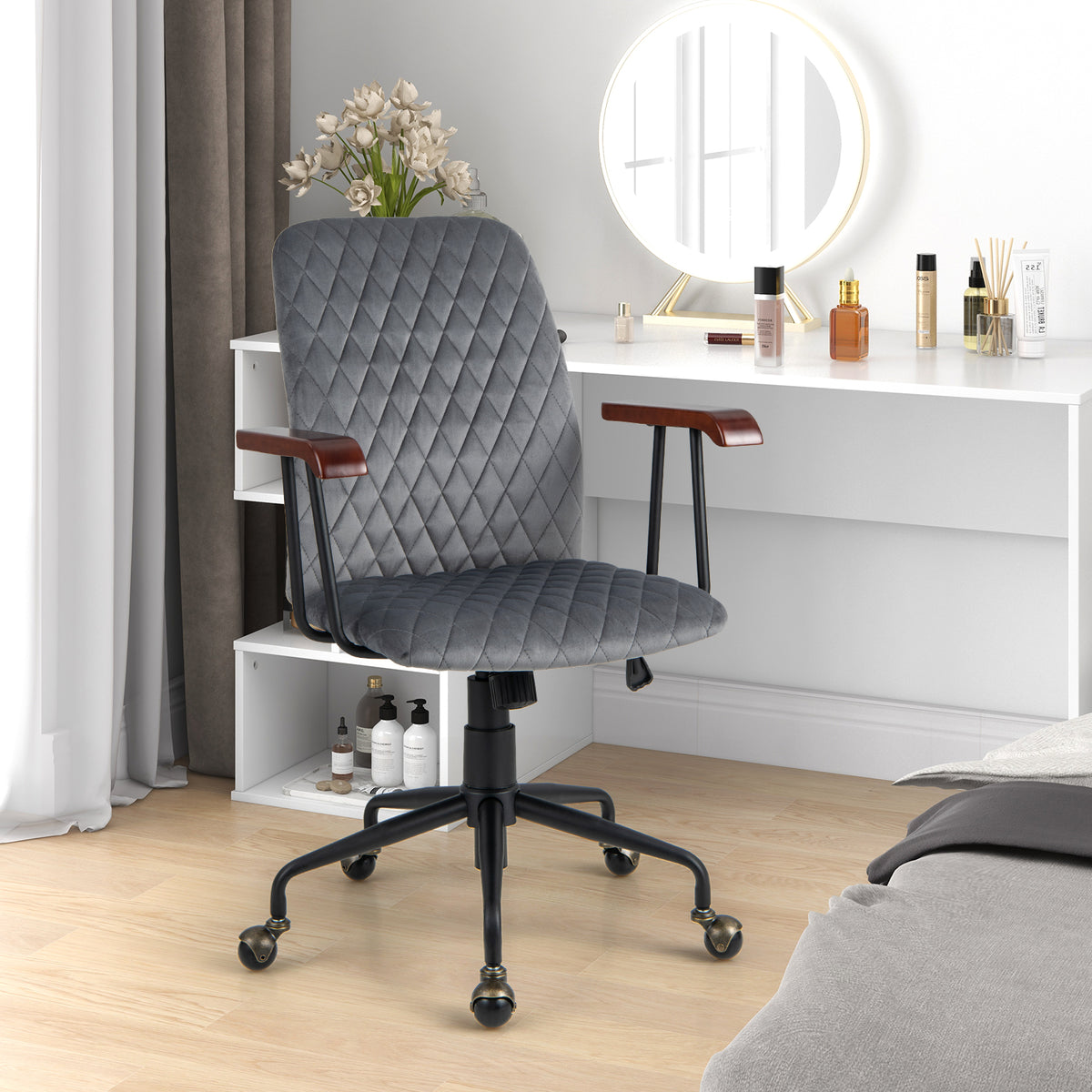 Adjustable Velvet Rocking Leisure Chair with Padded Seat and Rubber Wood Armrests-Orange