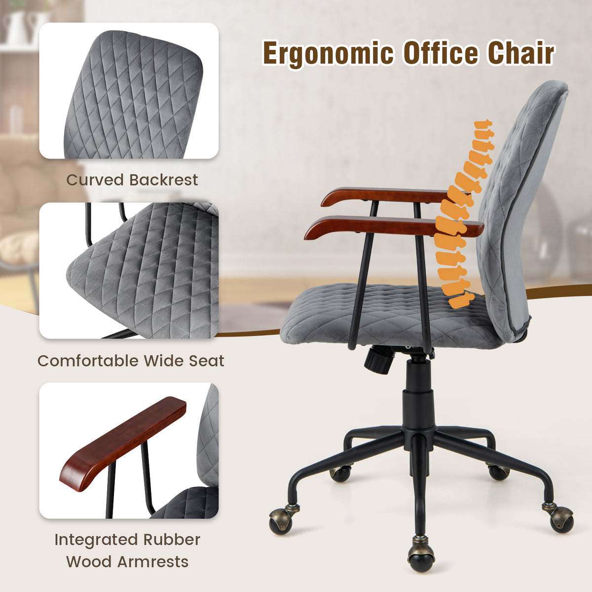 Adjustable Velvet Rocking Leisure Chair with Padded Seat and Rubber Wood Armrests-Orange