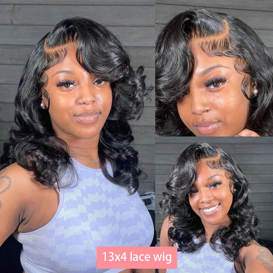 13x4 Short Body Wave Lace Frontal Bob Wig 200% Density Brazilian Remy 100% Human Hair Transparent Lace Wigs For Women 12 14 Inch