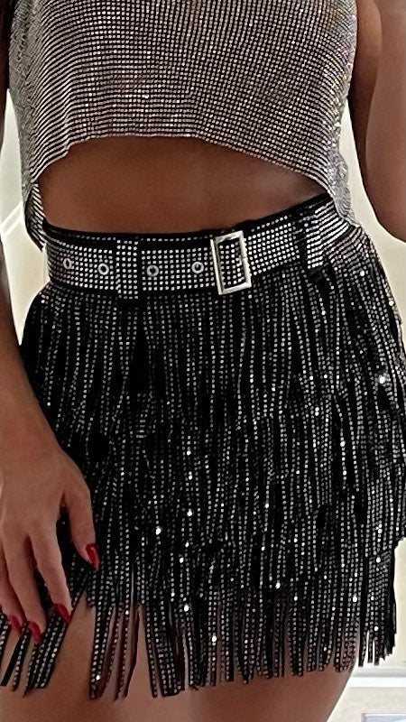 Women's Skirt High Waist Belt Multi-Layer Short  Heavy Drilling Rhinestones Fringed Skirt with Cake A Line