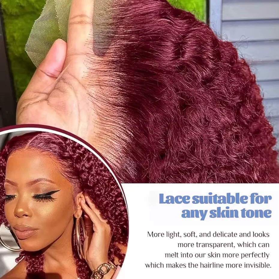 Burgundy 99J Deep Wave Short Bob Wigs 100% Human Hair Wig Water Curly Wig Baby Hair 3x4 Lace Front Human Hair Wig For Women