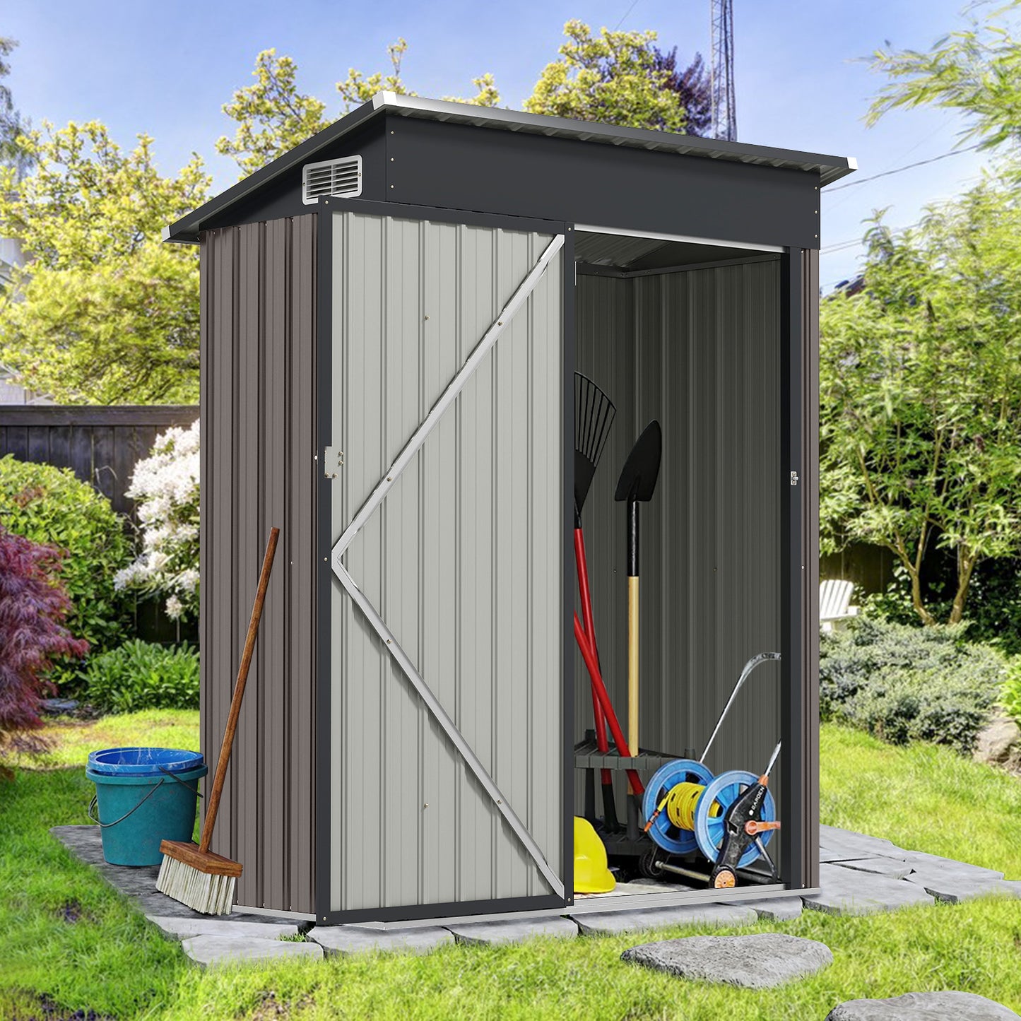 All-Weather Storage Shed with Top Sloping Design-Dark Grey