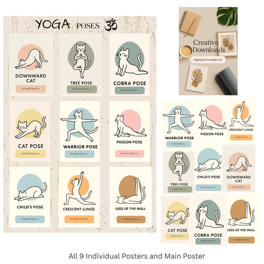 Cat Yoga Digital Print Bundle – 9 Poses + Full Poster (Instant Download)