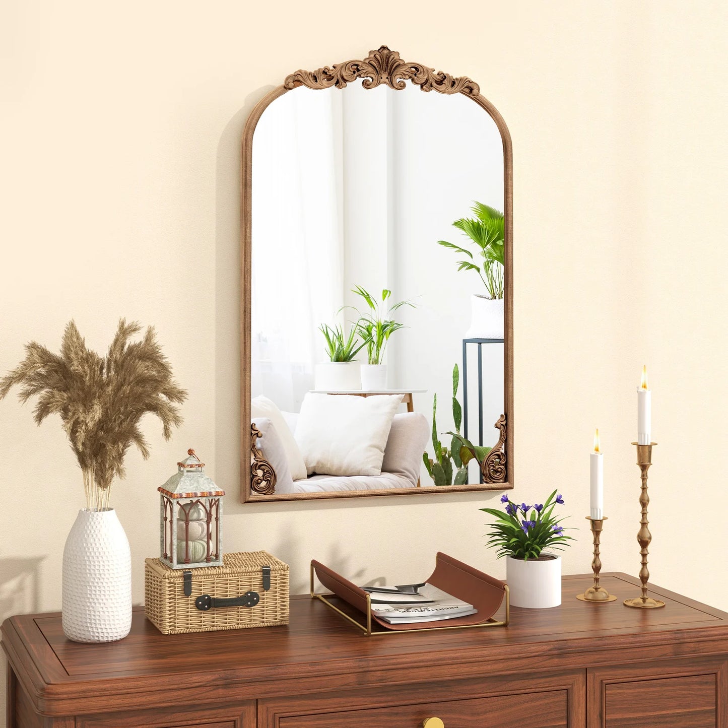 Antiqued Gold Wall Mirror with Baroque Ornate Frame-S