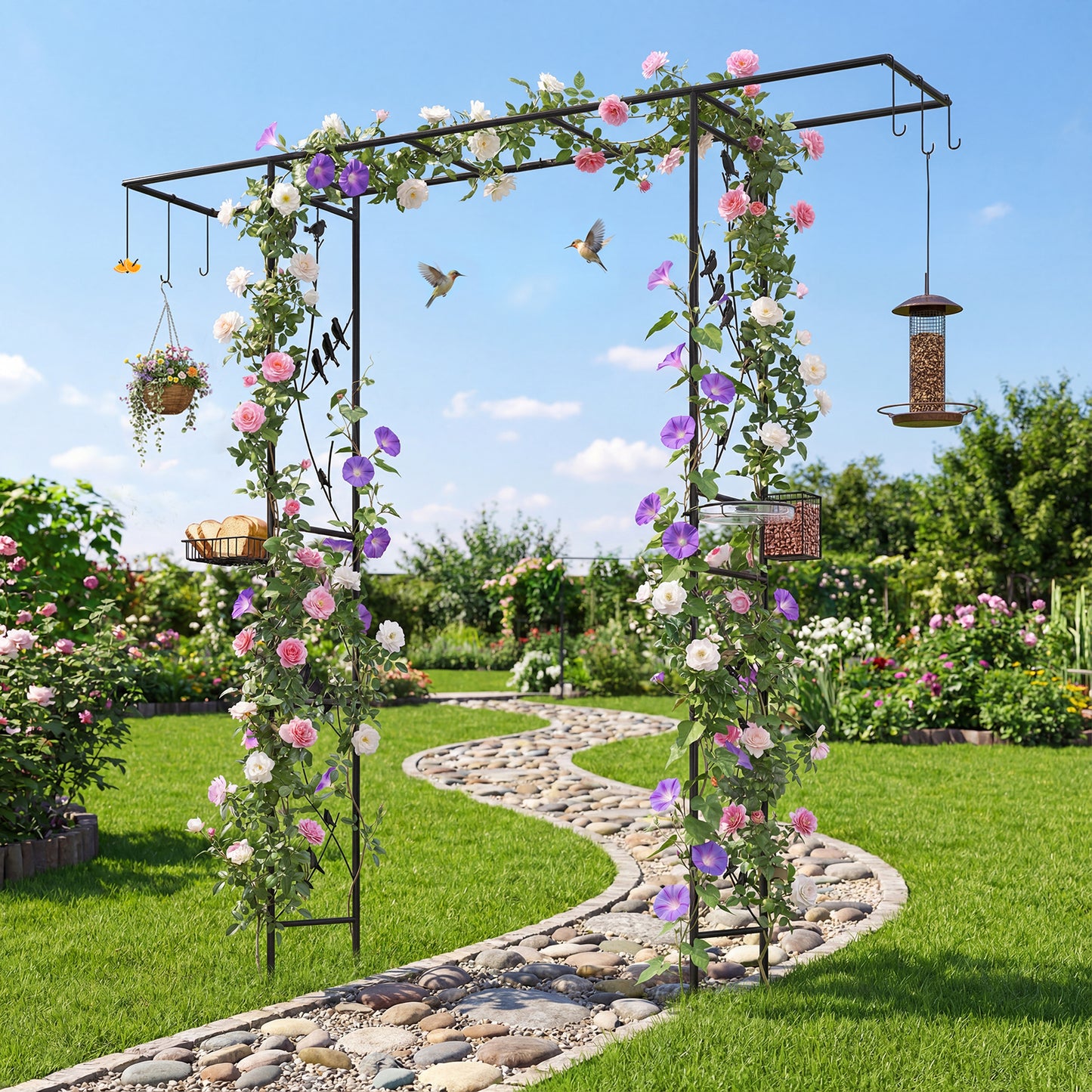 213cm Garden Arbor Feeding Station with Water Bowl and Mesh Tray-Black