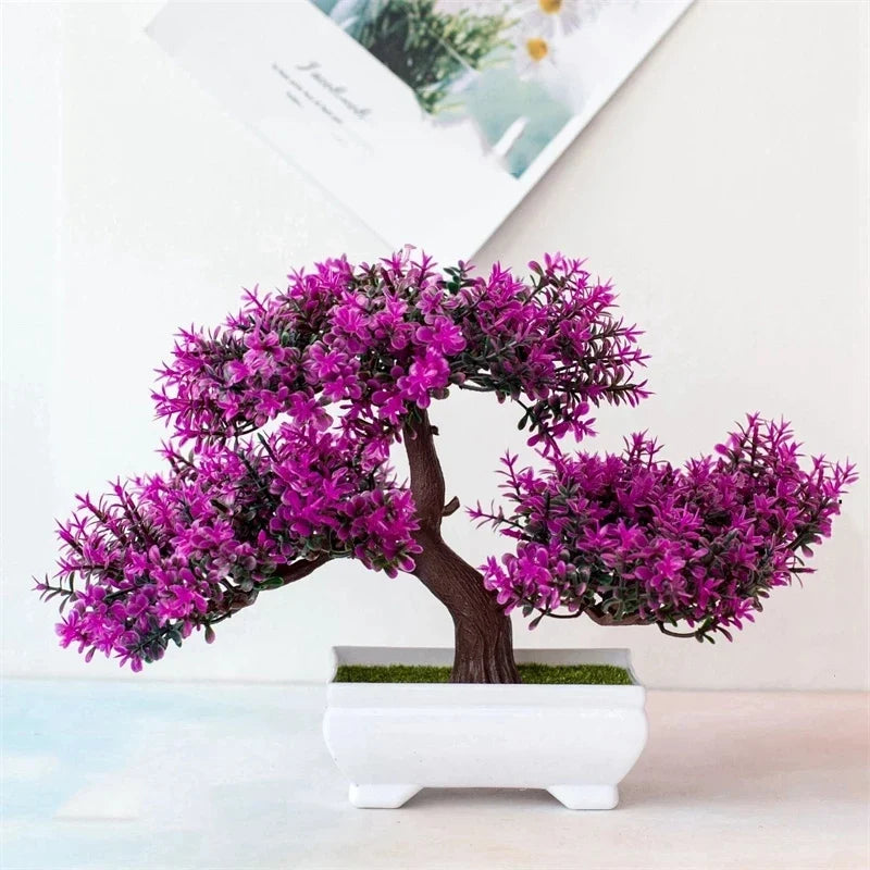 Artificial Bonsai Plant - Small Pot with Flowers for Home, Office, Table, Hotel or Garden Decoration