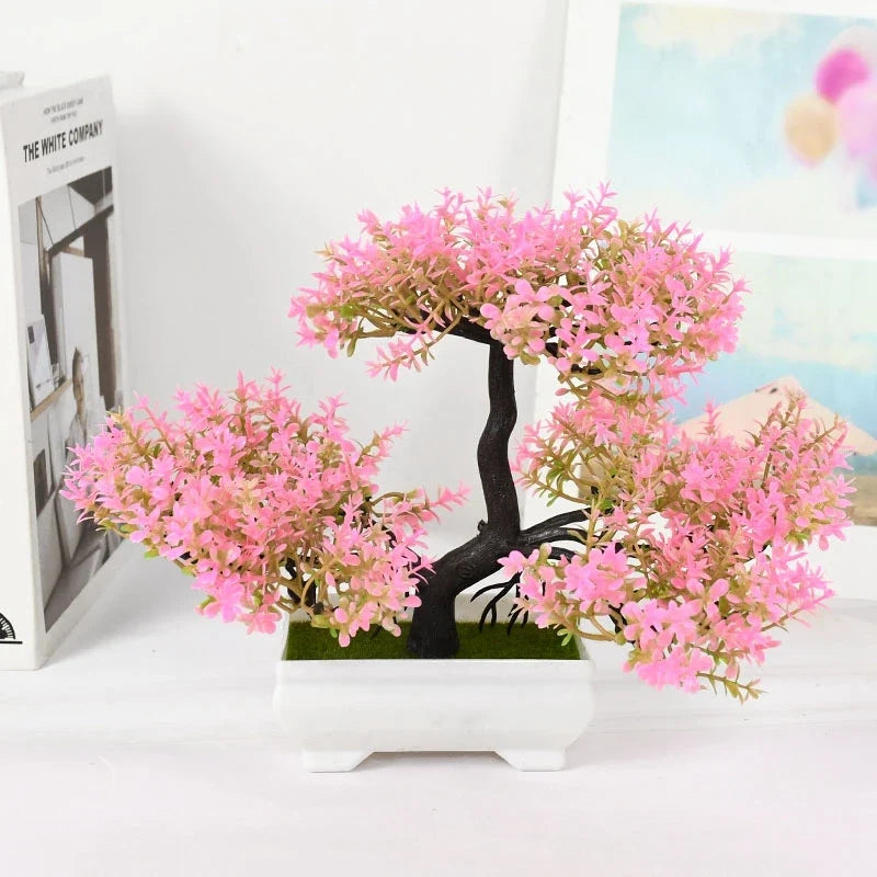 Artificial Bonsai Plant - Small Pot with Flowers for Home, Office, Table, Hotel or Garden Decoration