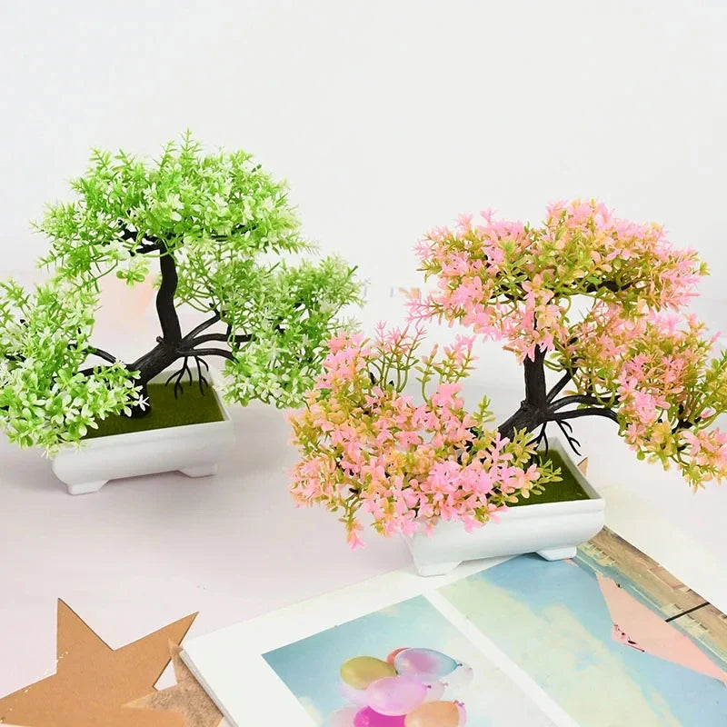 Artificial Bonsai Plant - Small Pot with Flowers for Home, Office, Table, Hotel or Garden Decoration