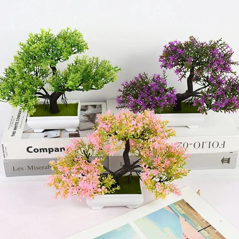 Artificial Bonsai Plant - Small Pot with Flowers for Home, Office, Table, Hotel or Garden Decoration
