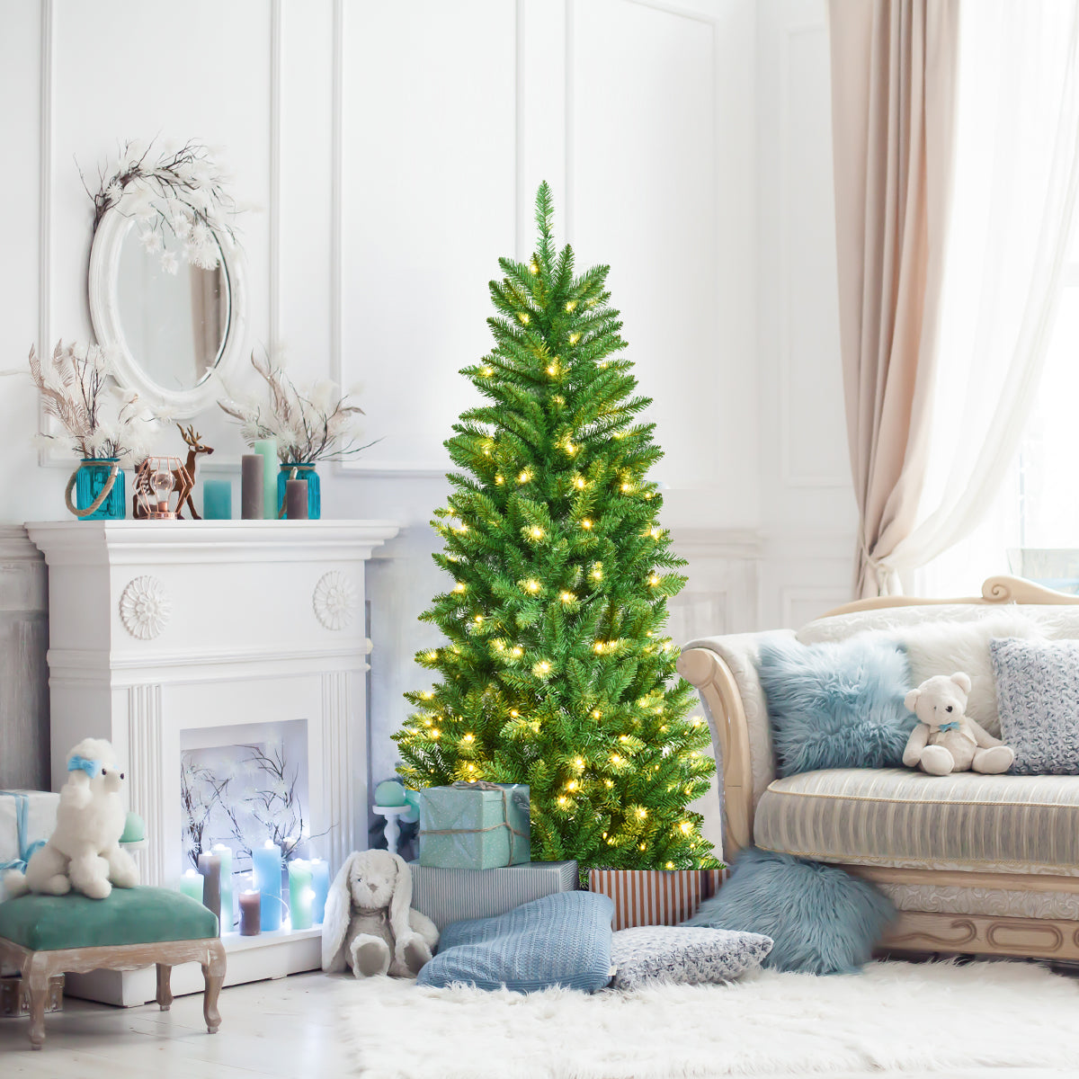 Pre-lit Artificial Pencil Christmas Tree with Warm White UL-listed Lights-6FT
