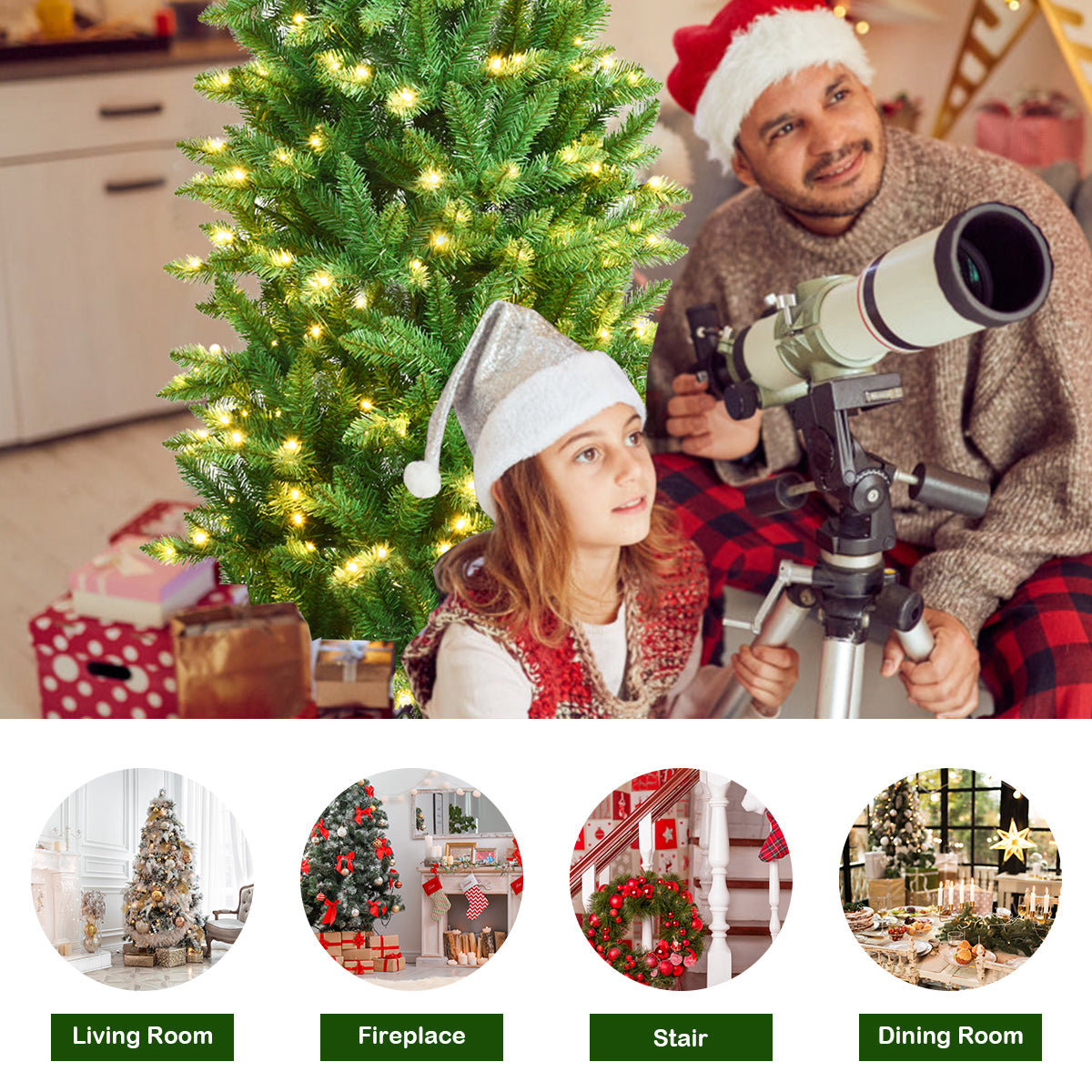 Pre-lit Artificial Pencil Christmas Tree with Warm White UL-listed Lights-6FT