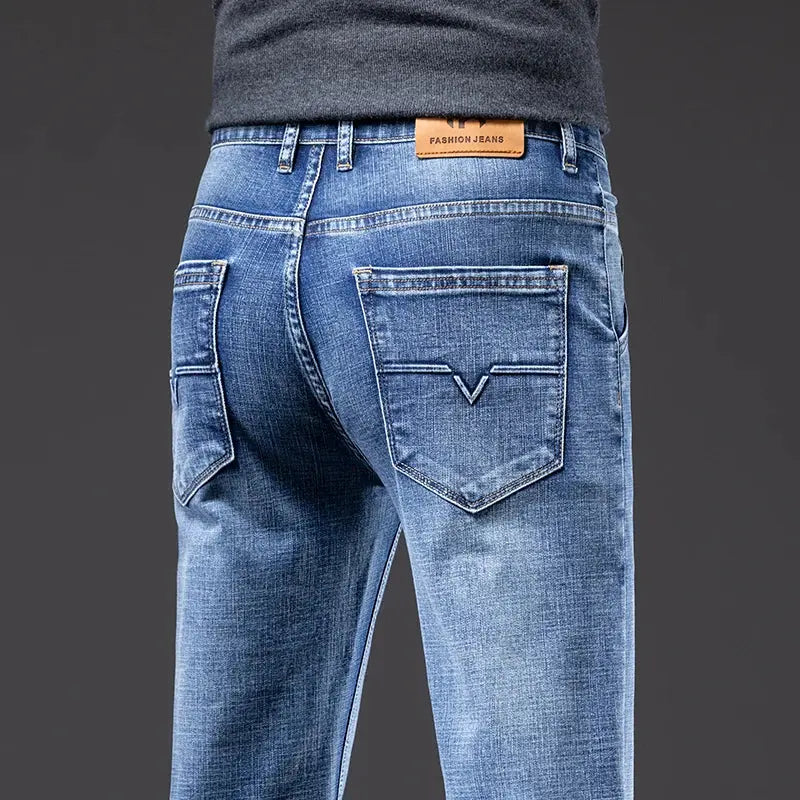 Men's Light Business Jeans – Classic Stretch Denim Trousers (Blue/Gray)