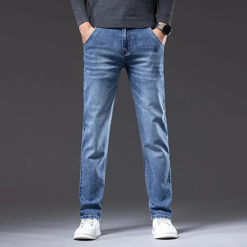 Men's Light Business Jeans – Classic Stretch Denim Trousers (Blue/Gray)