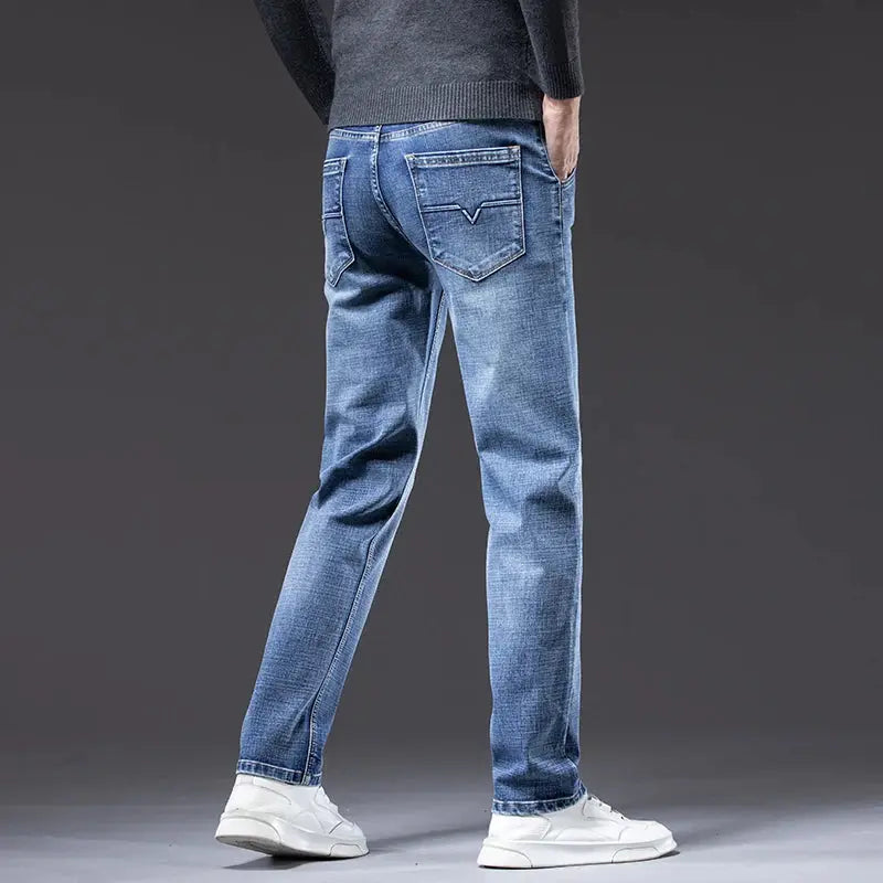Men's Light Business Jeans – Classic Stretch Denim Trousers (Blue/Gray)