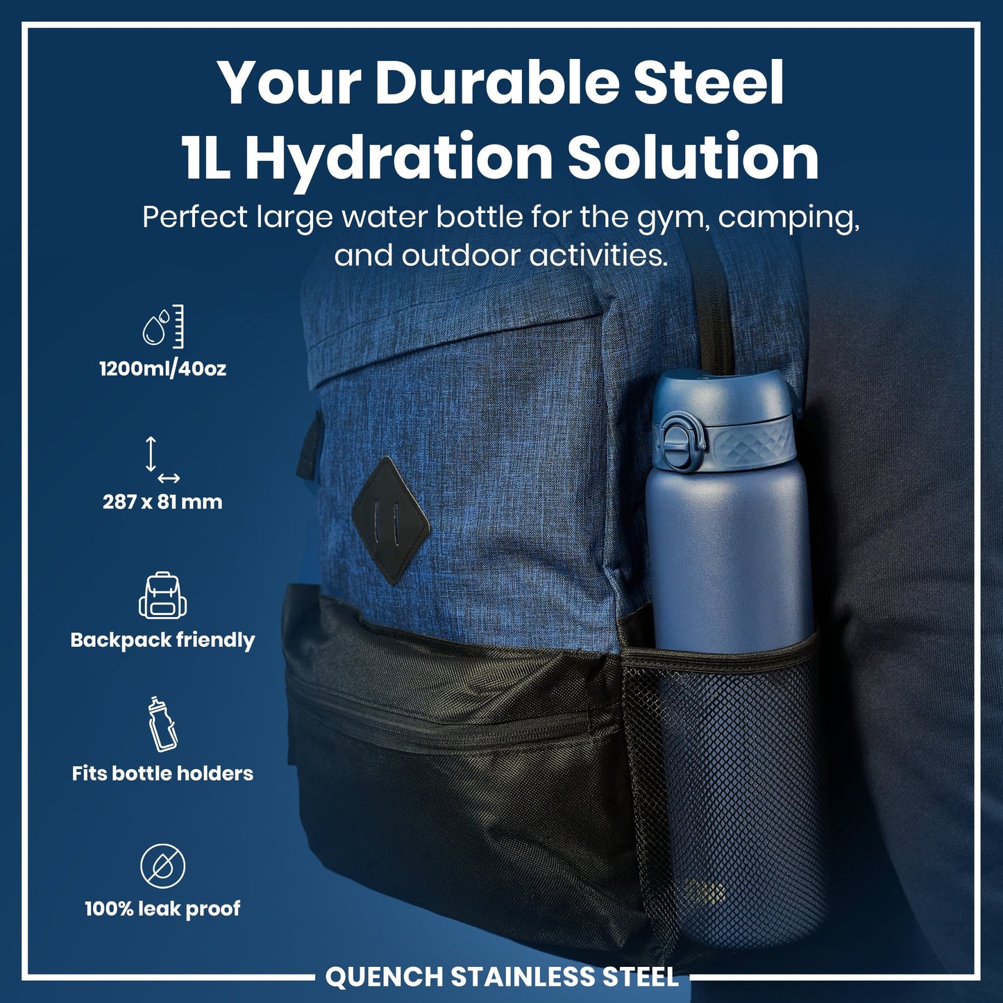 Leak Proof 1 Litre Water Bottle, Stainless Steel, Ash Navy, 1L